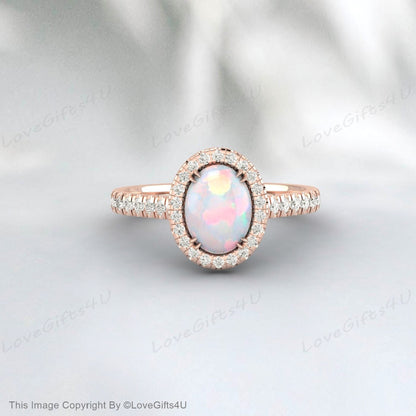 Dainty White Opal Engagement Ring Rose Gold Vintage Moissanite Ring