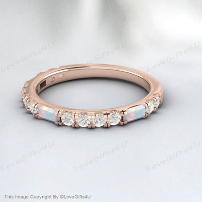 Baguette Opal Diamond Wedding Band For Women October Birthstone Rings