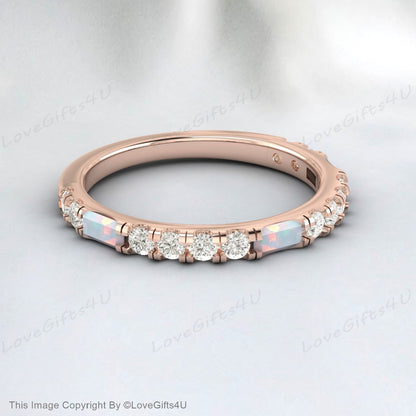 Baguette Opal Diamond Wedding Band For Women October Birthstone Rings