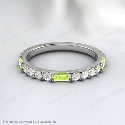 Baguette Tiny Peridot Ring Diamond Band Stacking Ring Mother's Ring