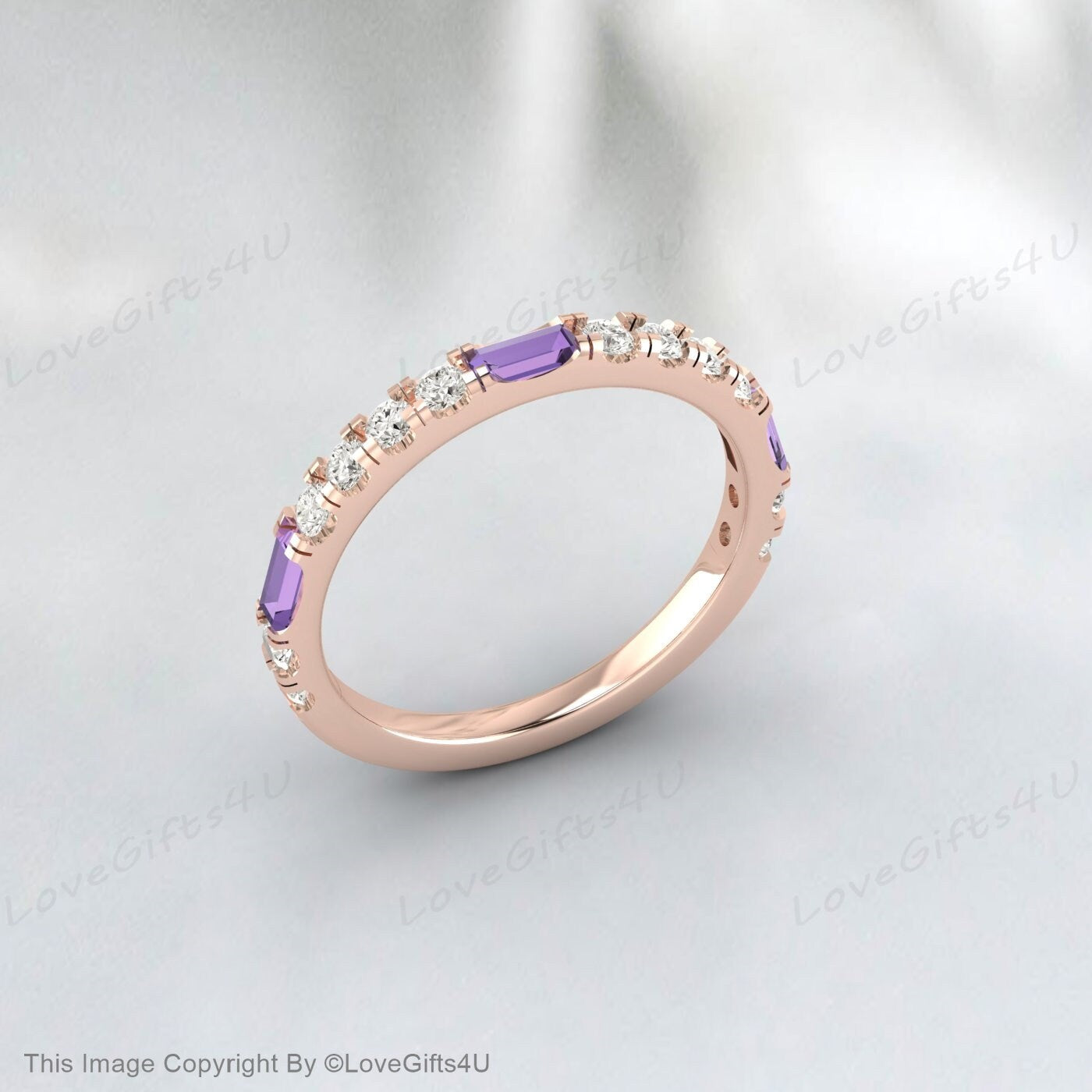 Baguette Amethyst Diamond Rose Gold Ring Half Eternity Wedding Band