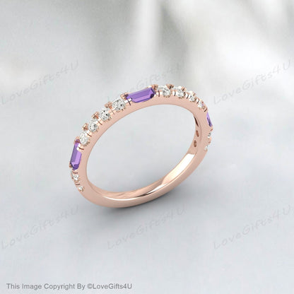 Baguette Améthyste Diamant Or Rose Bague Demi Éternité Alliance