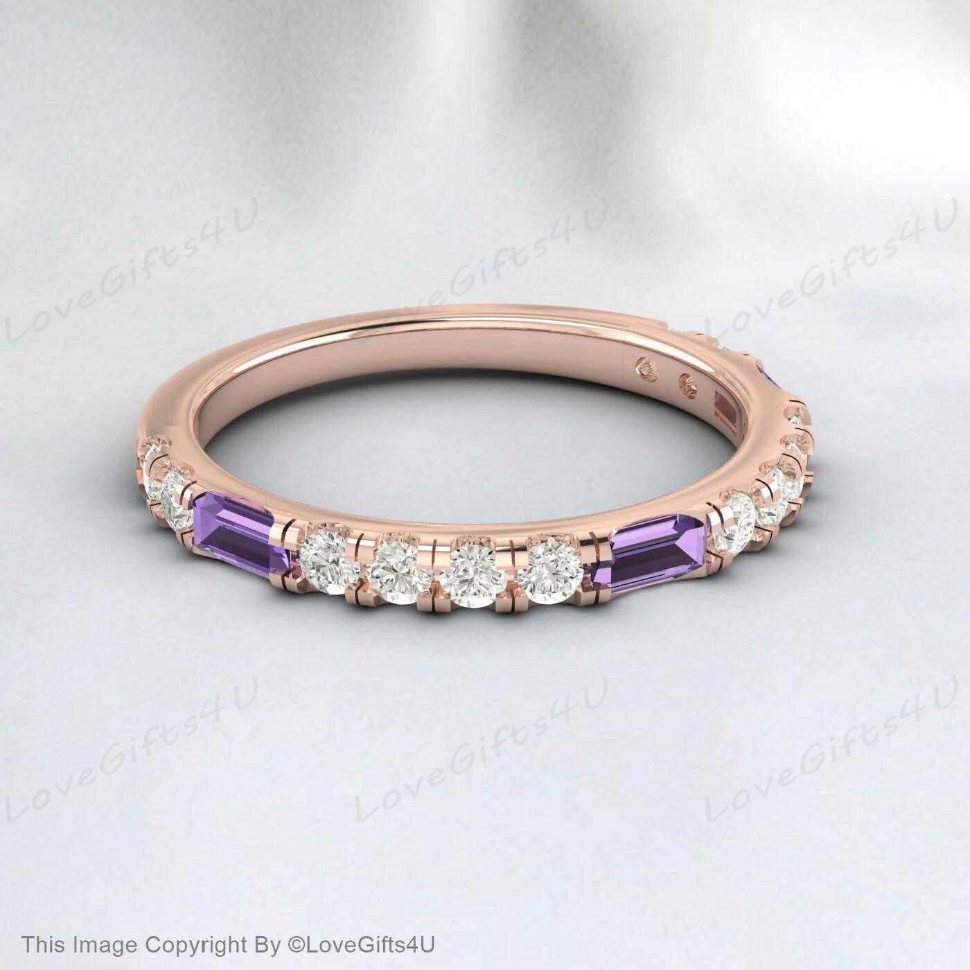 Baguette Améthyste Diamant Or Rose Bague Demi Éternité Alliance