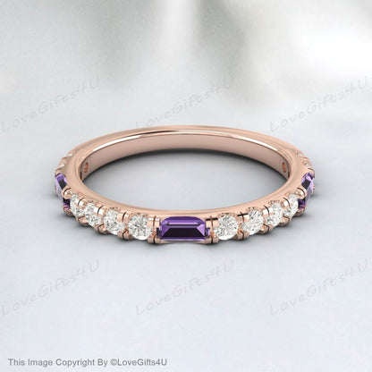 Baguette Améthyste Diamant Or Rose Bague Demi Éternité Alliance