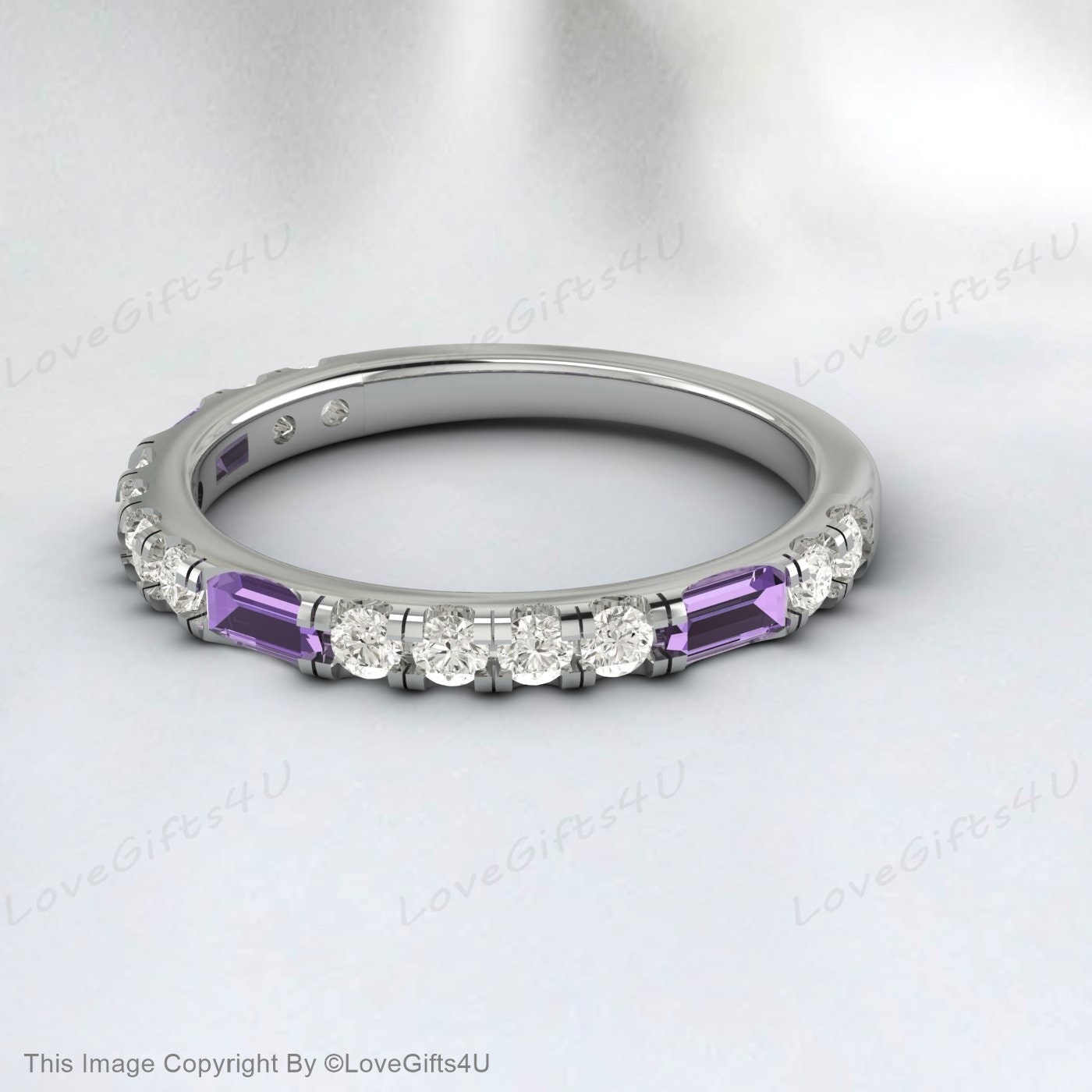 Baguette Améthyste Diamant Or Rose Bague Demi Éternité Alliance