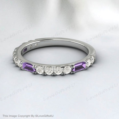 Baguette Améthyste Diamant Or Rose Bague Demi Éternité Alliance