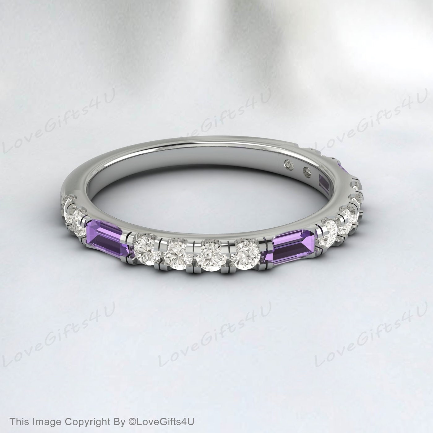 Baguette Améthyste Diamant Or Rose Bague Demi Éternité Alliance