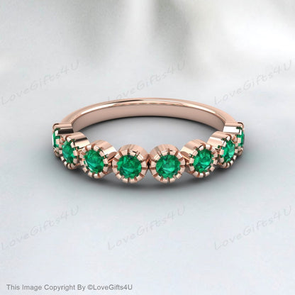 Green Emerald And Diamond Wedding Band Bridal Promise Ring For Women