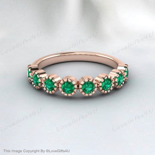 Green Emerald And Diamond Wedding Band Bridal Promise Ring For Women