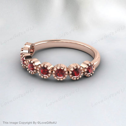 Garnet Straight Wedding Band Unique 14k Rose Gold Half Eternity Matching Ring