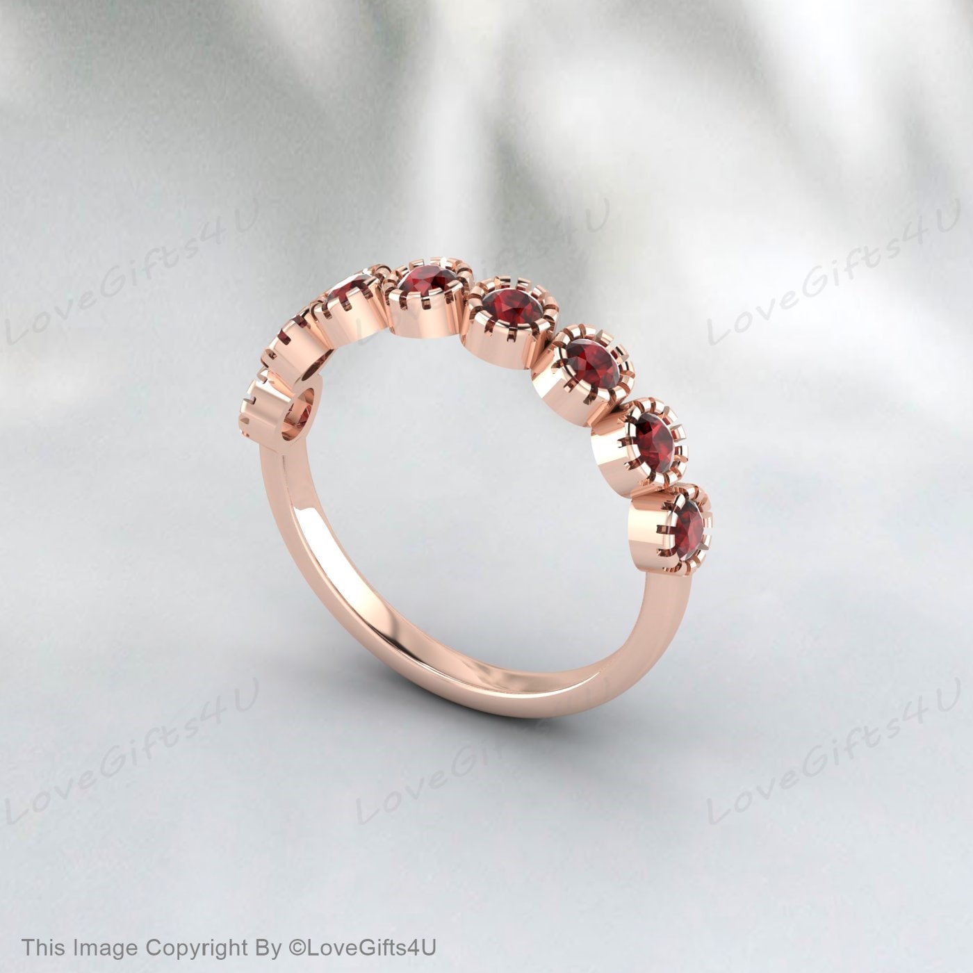 Garnet Straight Wedding Band Unique 14k Rose Gold Half Eternity Matching Ring