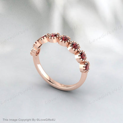 Garnet Straight Wedding Band Unique 14k Rose Gold Half Eternity Matching Ring