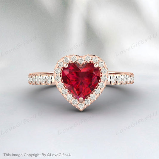 Heart Shaped Ruby Engagement Ring Milgrain Diamond Wedding Ring