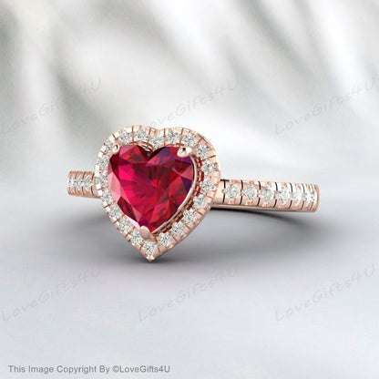 Heart Shaped Ruby Engagement Ring Milgrain Diamond Wedding Ring