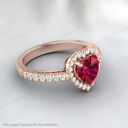 Heart Shaped Ruby Engagement Ring Milgrain Diamond Wedding Ring