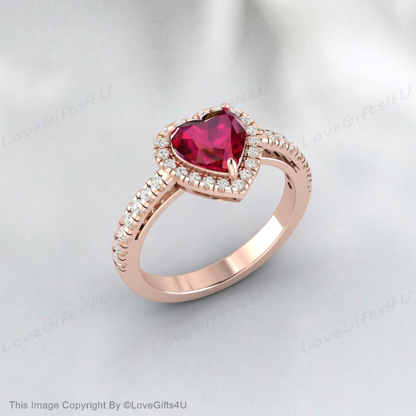 Heart Shaped Ruby Engagement Ring Milgrain Diamond Wedding Ring