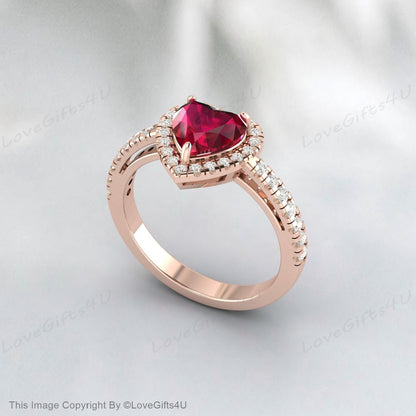 Heart Shaped Ruby Engagement Ring Milgrain Diamond Wedding Ring