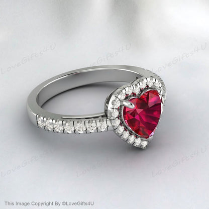 Heart Shaped Ruby Engagement Ring Milgrain Diamond Wedding Ring