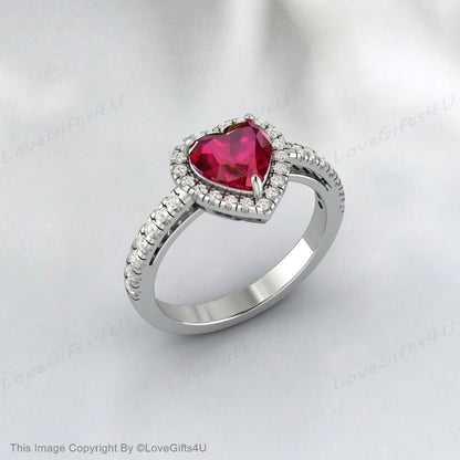 Heart Shaped Ruby Engagement Ring Milgrain Diamond Wedding Ring