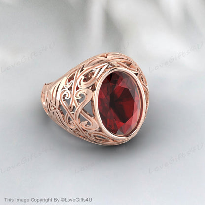 Bague grenat d’or, bague en pierre de mode, bague européenne unisexe, bague de conception unique, bague rouge coussin, chevalière rouge