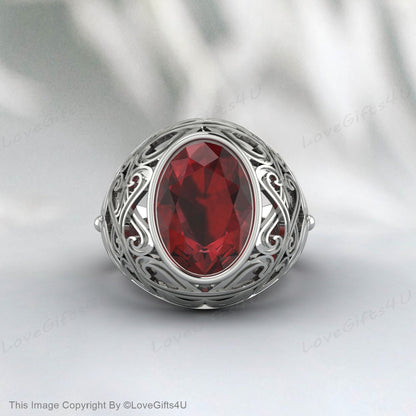 Bague grenat d’or, bague en pierre de mode, bague européenne unisexe, bague de conception unique, bague rouge coussin, chevalière rouge