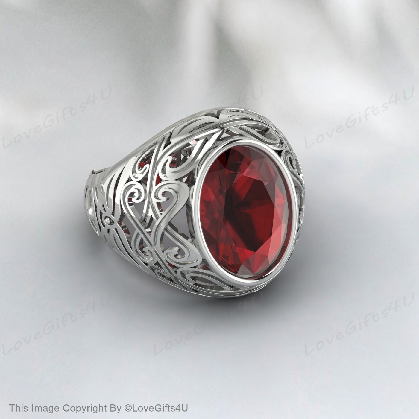 Bague grenat d’or, bague en pierre de mode, bague européenne unisexe, bague de conception unique, bague rouge coussin, chevalière rouge