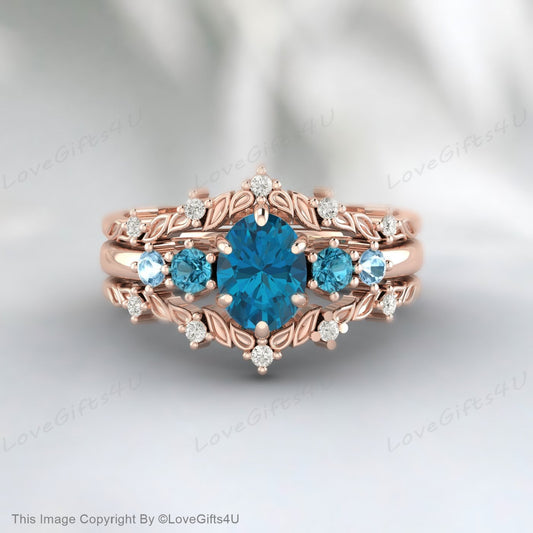 Bague de fiançailles avec topaze bleue de Londres, sertie de diamants, bague d'anniversaire incurvée