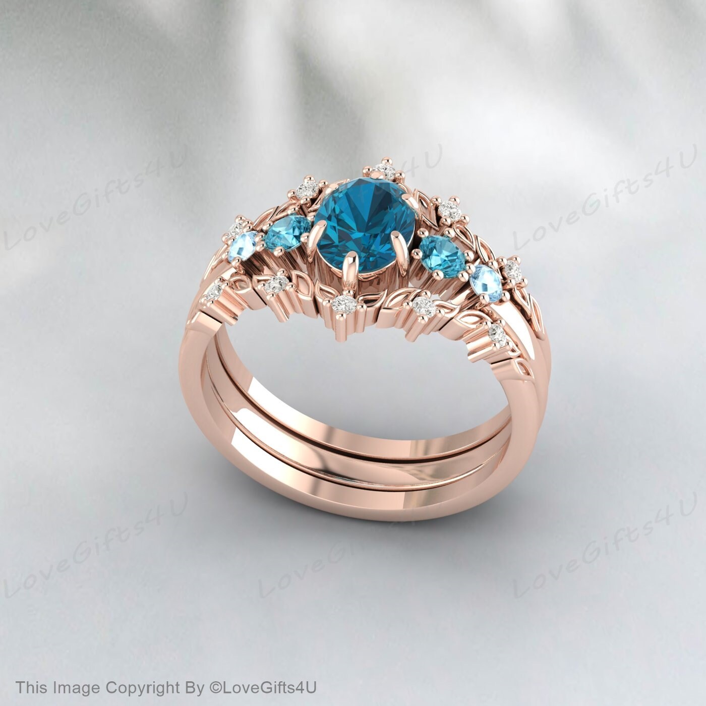 London Blue Topaz Engagement Ring Set Diamond Curved Anniversary Ring