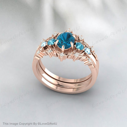 Bague de fiançailles avec topaze bleue de Londres, sertie de diamants, bague d'anniversaire incurvée