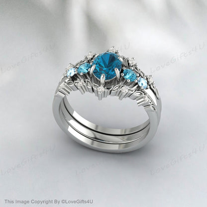 Bague de fiançailles avec topaze bleue de Londres, sertie de diamants, bague d'anniversaire incurvée