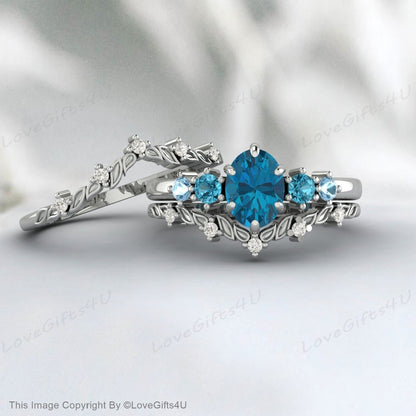 London Blue Topaz Engagement Ring Set Diamond Curved Anniversary Ring