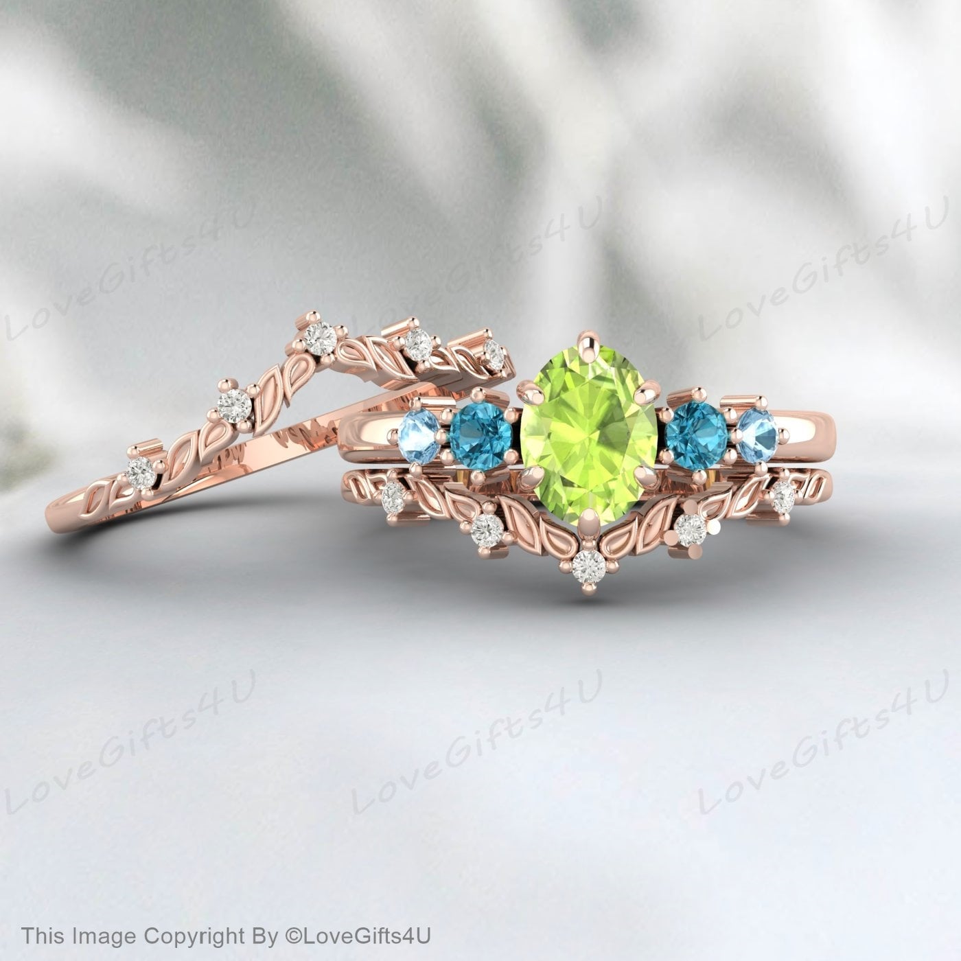 Vintage Oval Peridot Engagement Ring Set Rose Gold Promise Bridal Set