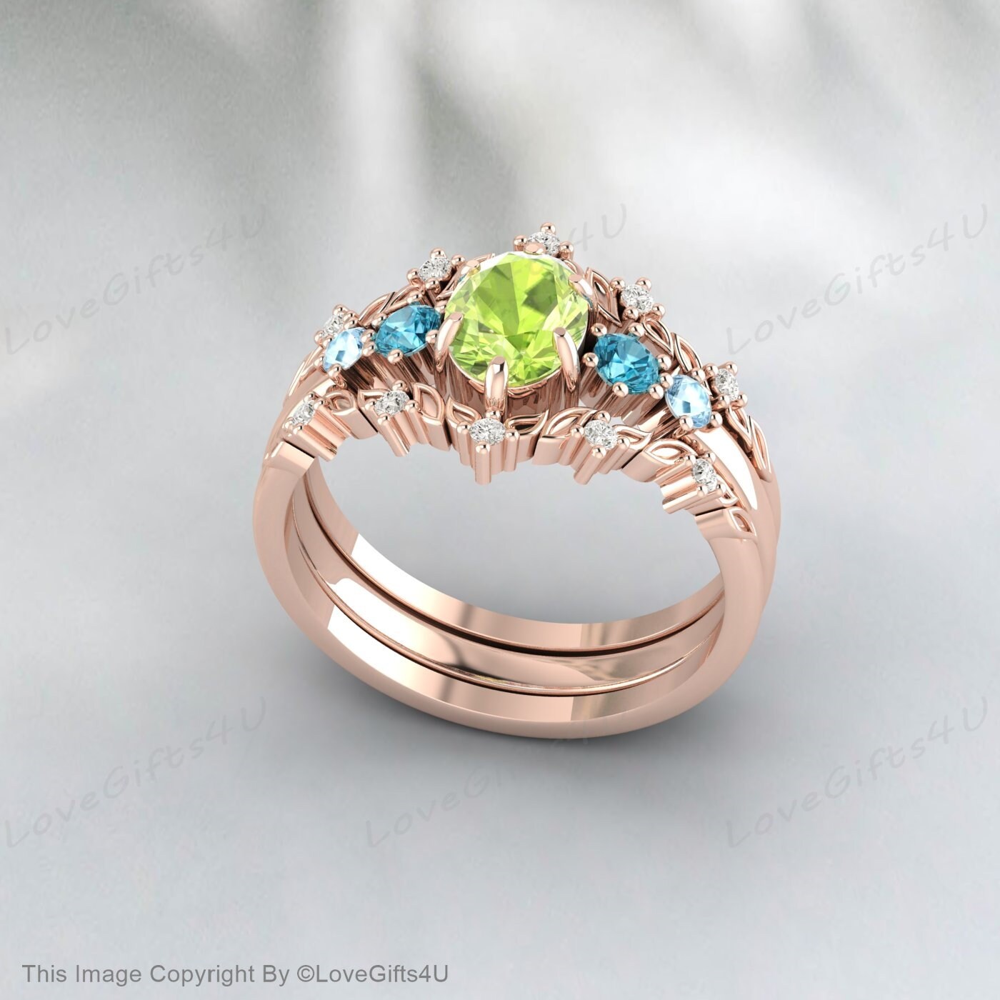 Vintage Oval Peridot Engagement Ring Set Rose Gold Promise Bridal Set