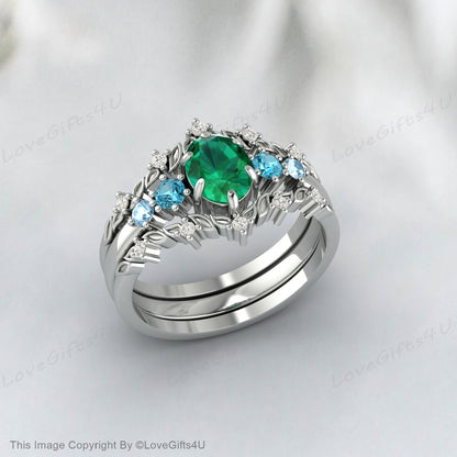 Bague de mariage ovale émeraude inspirée de la nature, ensemble de bagues de fiançailles