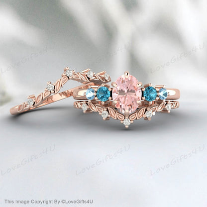 Oval Morganite Engagement Ring Set Vintage Halo Diamond Wedding Band