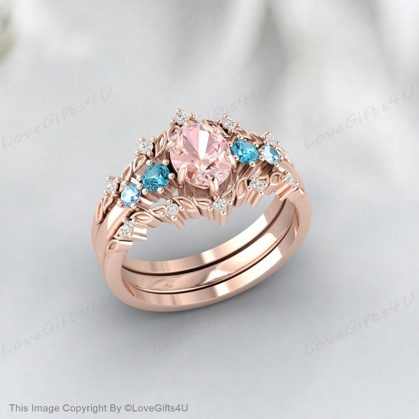 Bague de fiançailles ovale en morganite sertie d'une alliance en diamant halo vintage