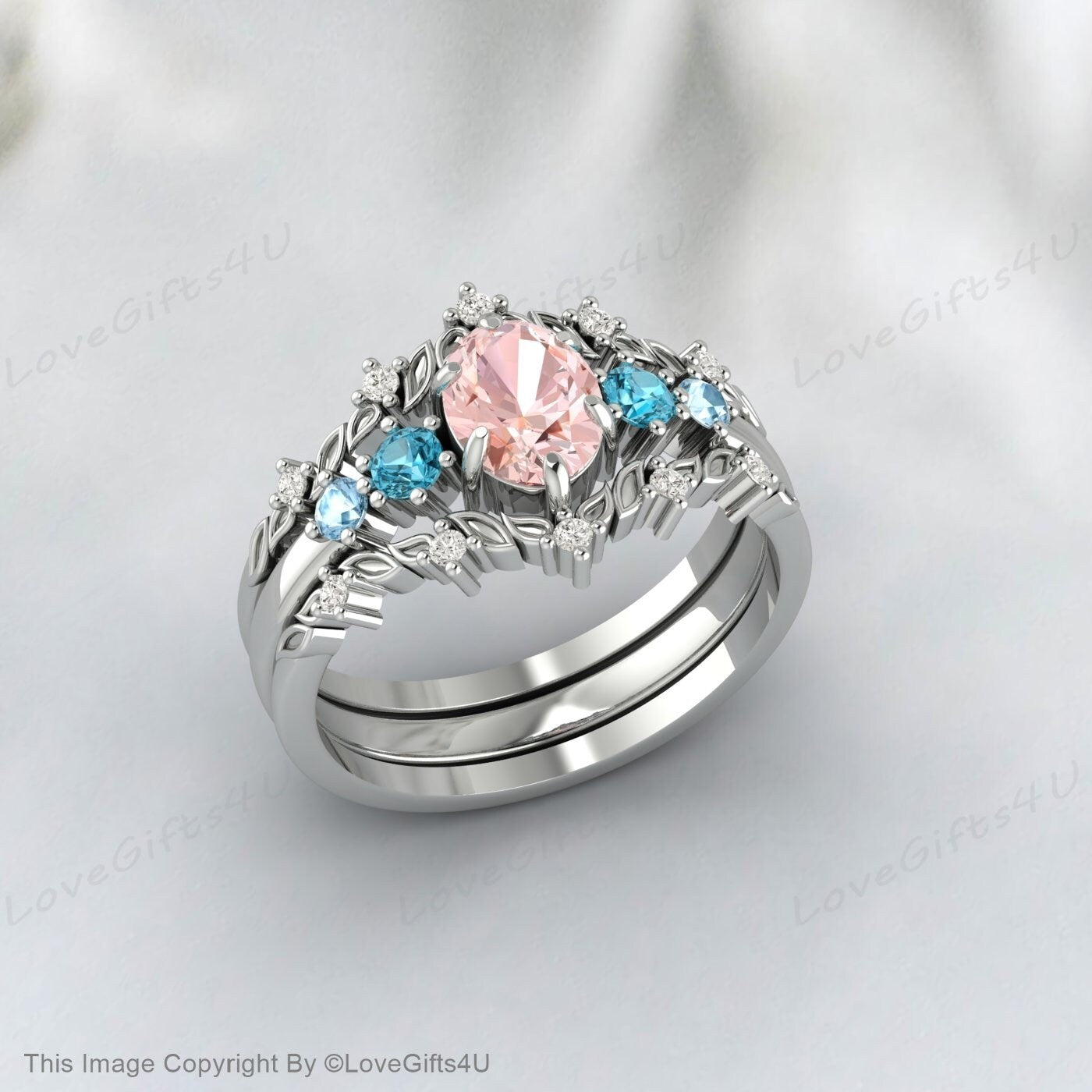 Bague de fiançailles ovale en morganite sertie d'une alliance en diamant halo vintage