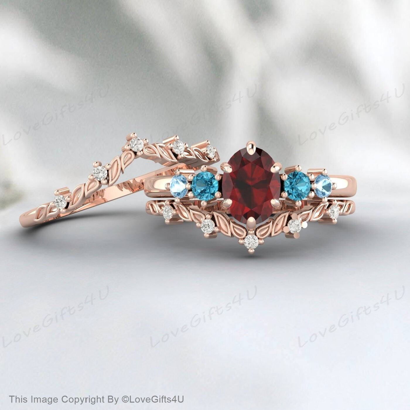 Oval Cut Garnet Engagement Ring Art Deco Moissanite Band Promise Ring