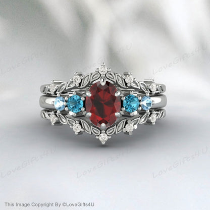 Oval Cut Garnet Engagement Ring Art Deco Moissanite Band Promise Ring