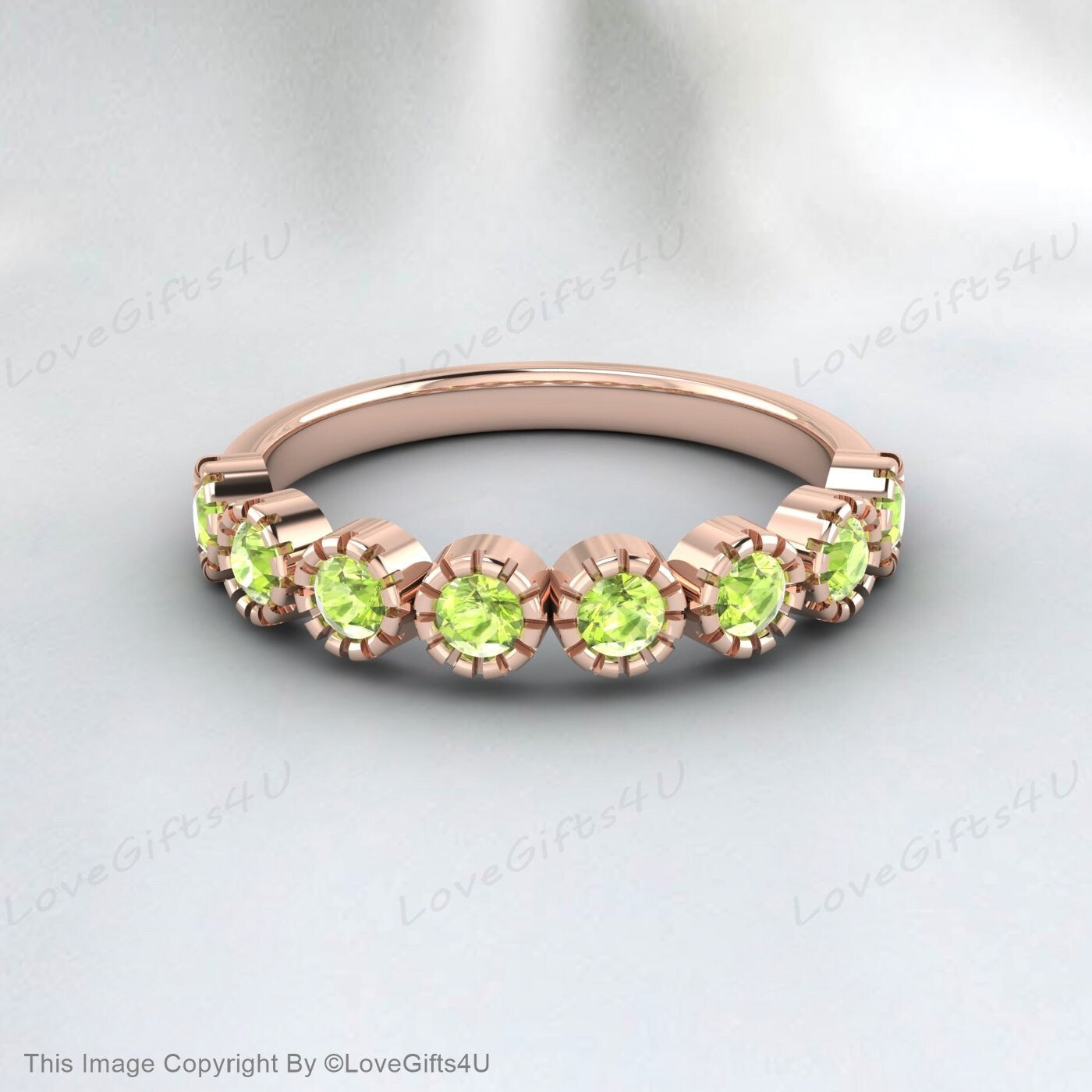 Dainty peridot wedding ring 14k rose gold wedding band half eternity green peridot band matching stacking ring bridal promise gift for women