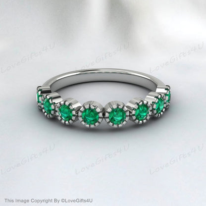 Green Emerald And Diamond Wedding Band Bridal Promise Ring For Women