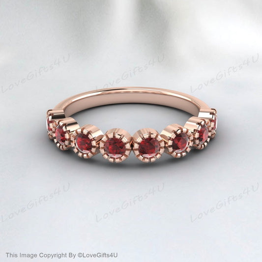 Garnet Straight Wedding Band Unique 14k Rose Gold Half Eternity Matching Ring