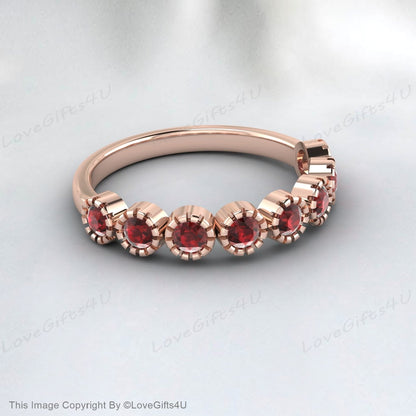 Garnet Straight Wedding Band Unique 14k Rose Gold Half Eternity Matching Ring