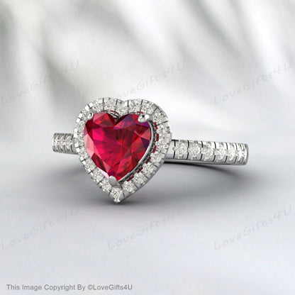 Heart Shaped Ruby Engagement Ring Milgrain Diamond Wedding Ring