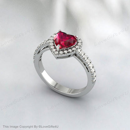 Heart Shaped Ruby Engagement Ring Milgrain Diamond Wedding Ring