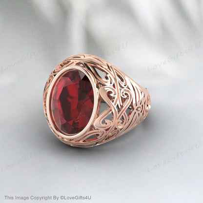 Bague grenat d’or, bague en pierre de mode, bague européenne unisexe, bague de conception unique, bague rouge coussin, chevalière rouge