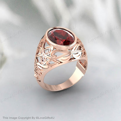 Gold Garnet Ring, Fashion Stone Ring, European Ring Unisex, Unique Design Ring, Cushion Red Ring, Red Signet Ring