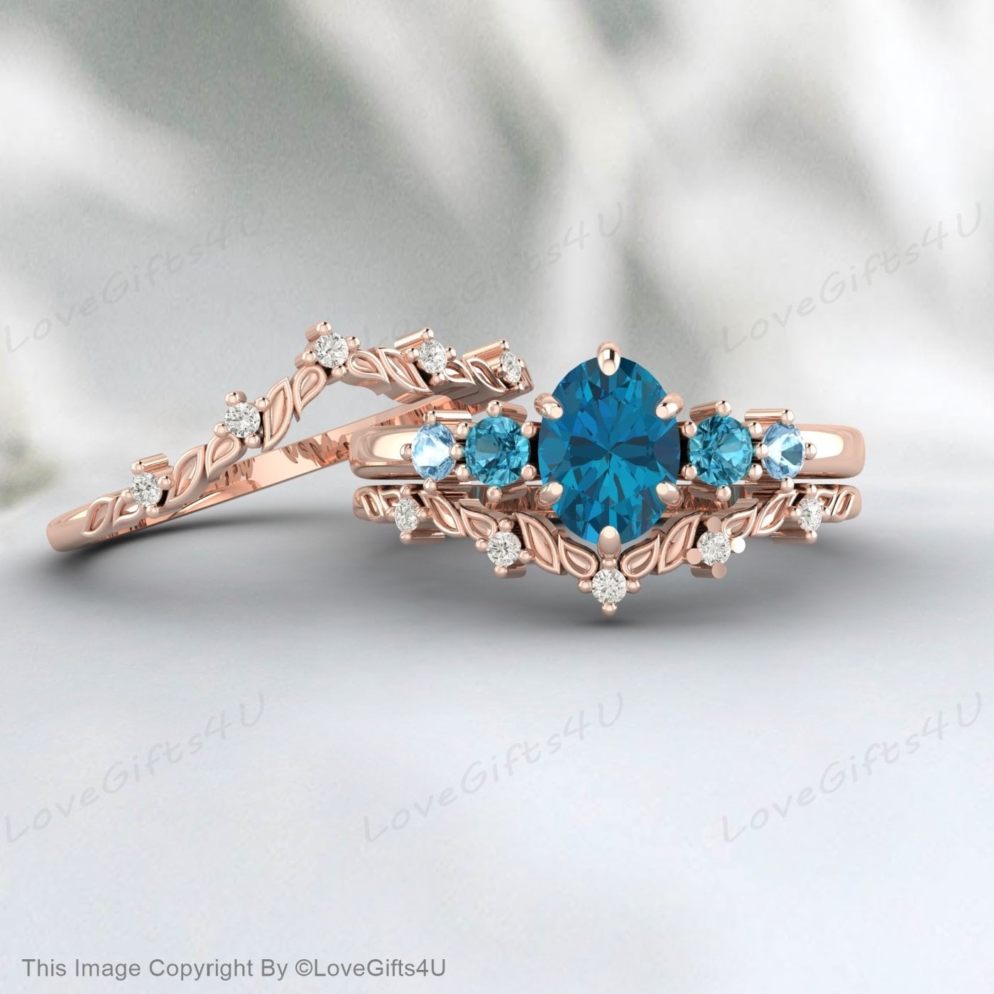 Bague de fiançailles avec topaze bleue de Londres, sertie de diamants, bague d'anniversaire incurvée