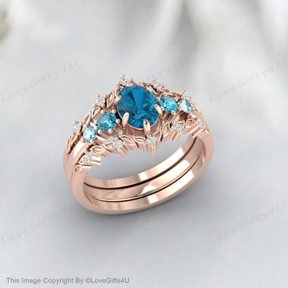 Bague de fiançailles avec topaze bleue de Londres, sertie de diamants, bague d'anniversaire incurvée