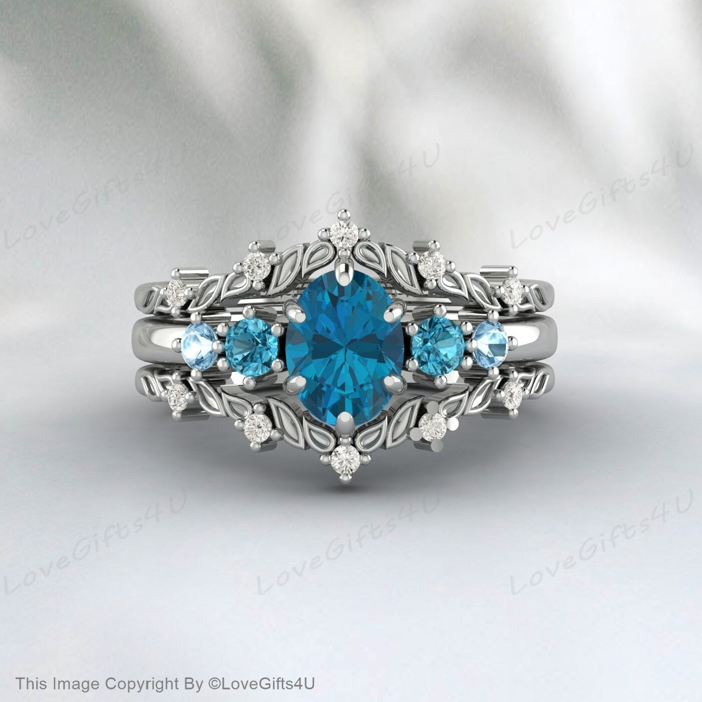 London Blue Topaz Engagement Ring Set Diamond Curved Anniversary Ring